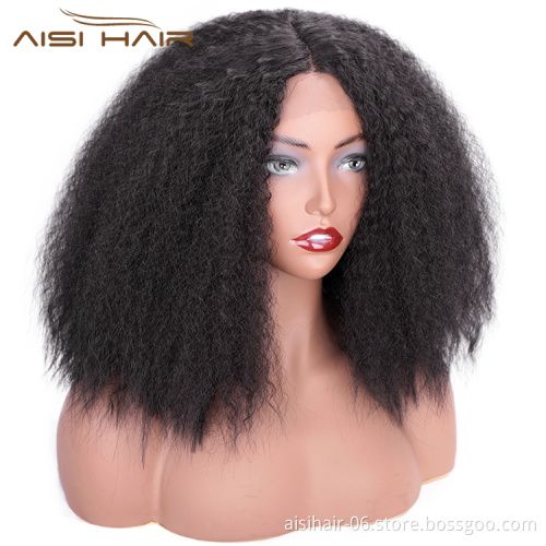 Aisi Hair Short Kinky Fluffy Natural Black Wig Cheap Middle Part Synthetic Lace Front Wig Afro Curly Hair Wigs For Black Women